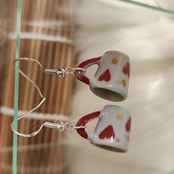 🪴I Love Coffee Mug Earrings 925 Silver Posts Ceramic mini Mugs With - Picture 2 of 4